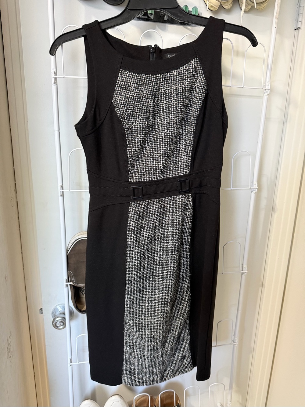 White House Black Market Black and Gray Tweed Midi Sheath Dress